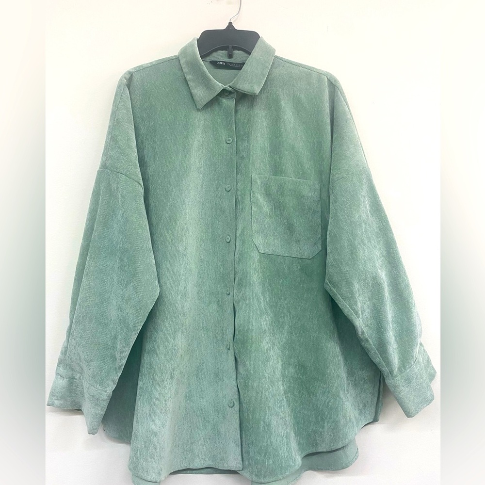 zara green oversized corduroy button-up.